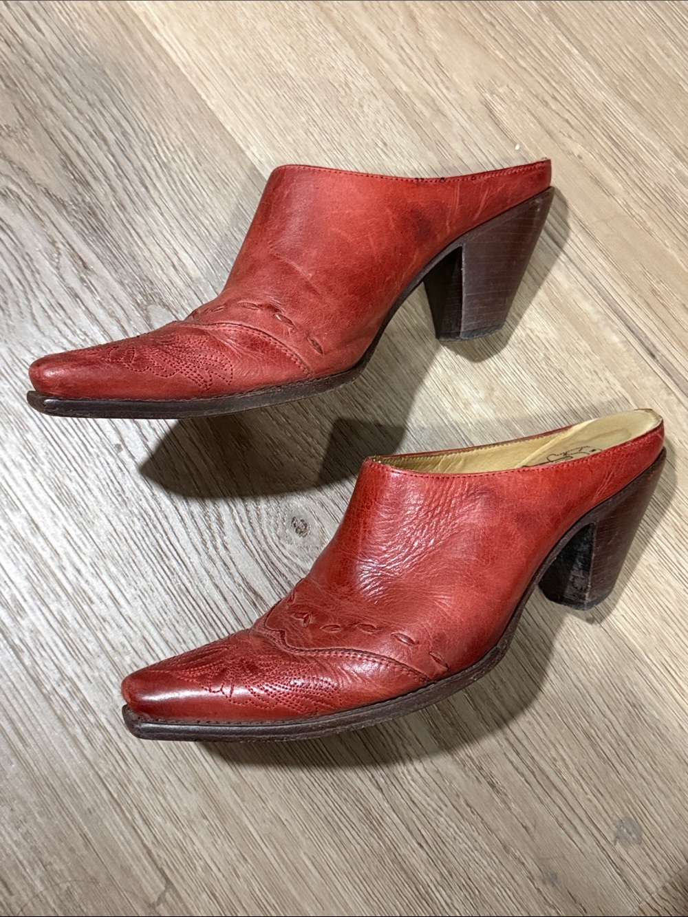 Lucchese Red Leather Pointed Toe Mule Heels with Stacked Heel